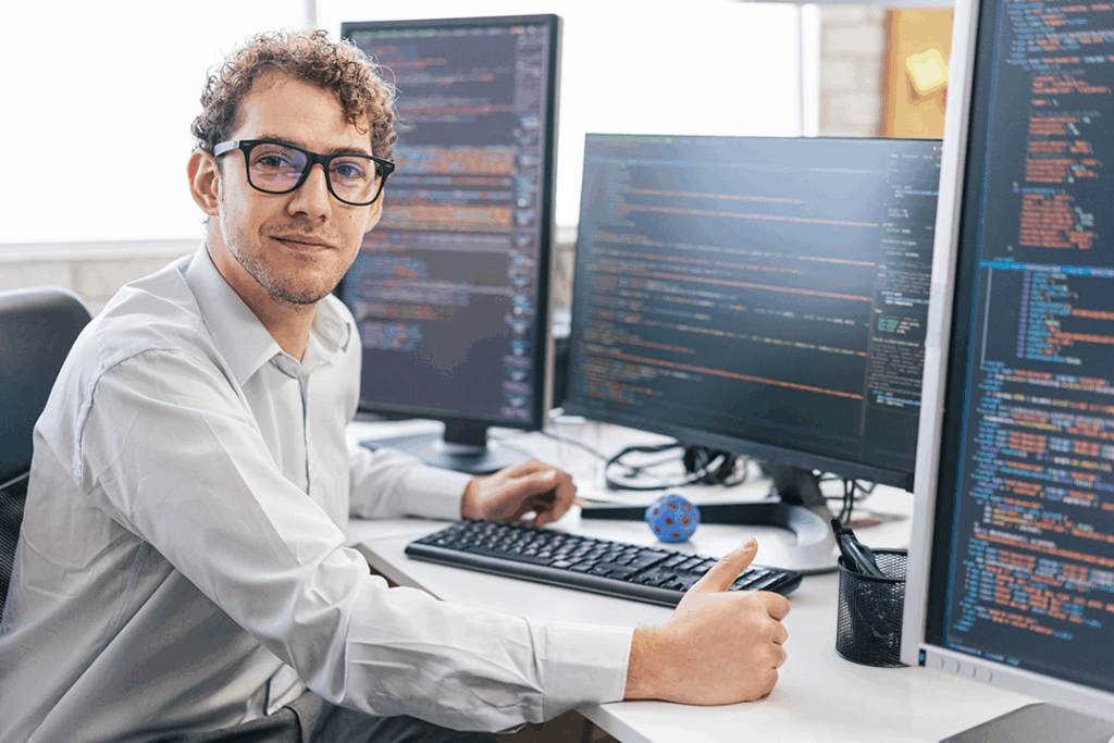 A person wearing glasses sits at a desk in front of multiple computer monitors displaying code, giving a thumbs-up to the camera.